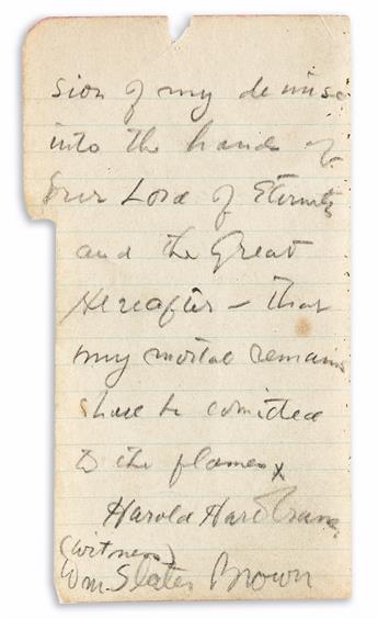 CRANE, HART. Autograph Manuscript Signed, twice (Hart Crane in the third person within the text and Harold Hart Crane),